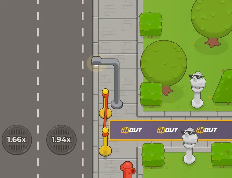 Speelbord van Chicken Road 2: grijze rijbanen met multipliers van 1,09x tot 1,94x op putdeksels