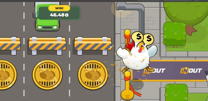 De kip van Chicken Road 2 aan de stoeprand, met munten en multipliers op de rijbanen ervoor