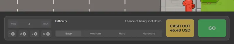 Bedieningspaneel van Chicken Road 2 met inzet, niveaus Easy tot Hardcore, de Cash out-knop en de Go-knop